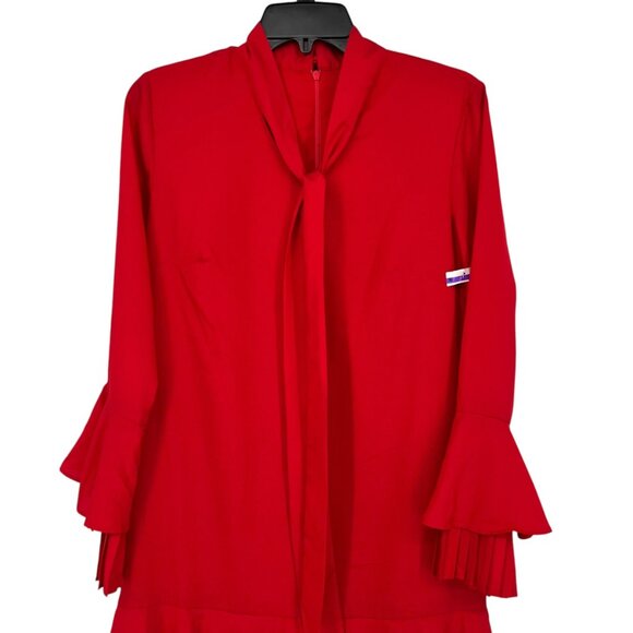Tahari ASL Ruffle Pleat Detail Tie Neck Bell Sleeve Dress Red Size 2 NWOT - Picture 2 of 12